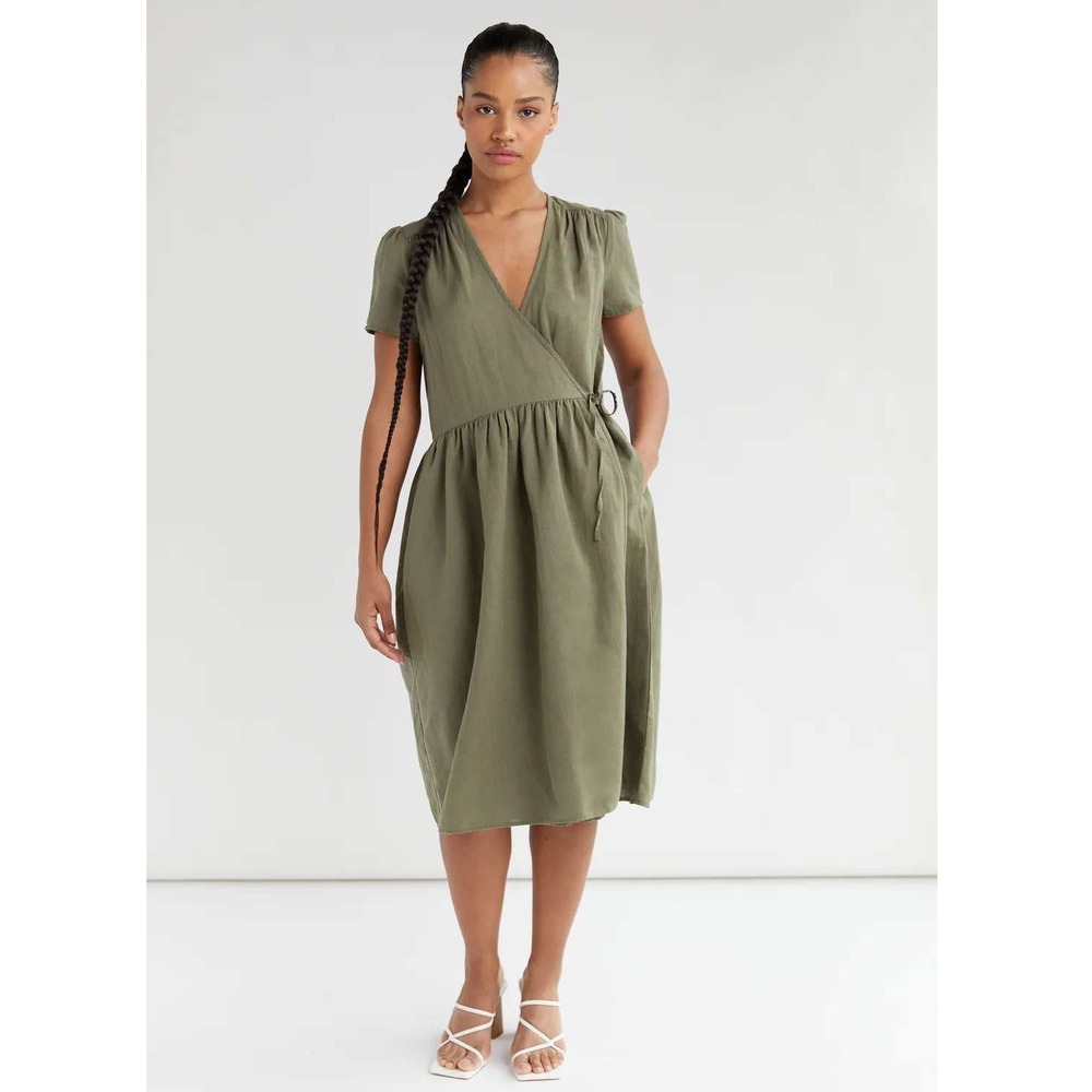 Oak + Fort Olive Green Linen Blend Wrap Midi Dress Short Sleeve Pockets XS